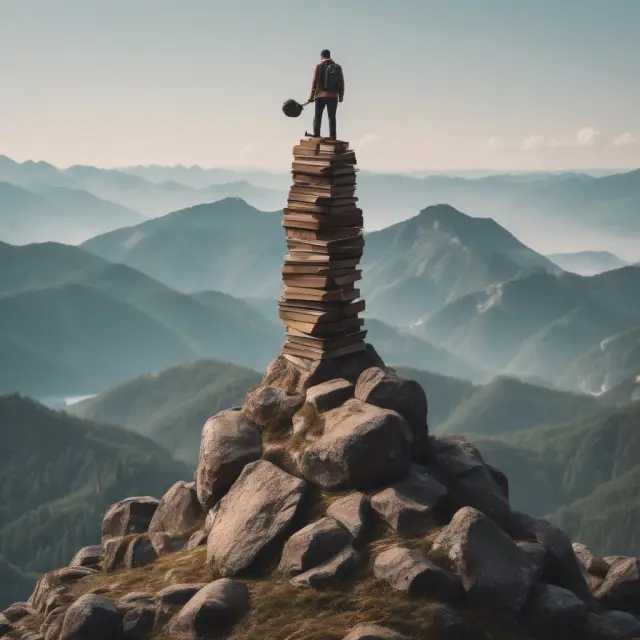 A person climbing a towering mountain of financial investments, reaching the peak as a Qualified Eligible Participant (QEP) to unlock access to exclusive hedge funds and futures markets