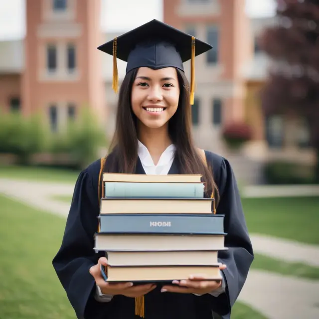 A student studying with piles of textbooks, tuition bills on the table, and a graduation cap nearby