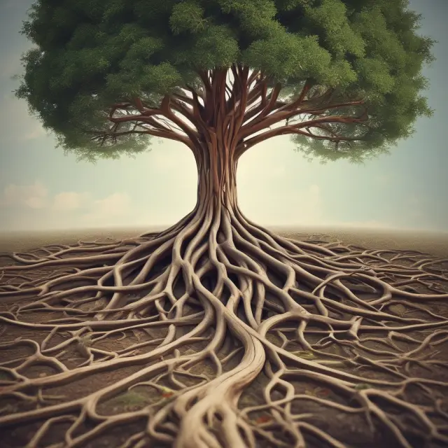 A lush, growing tree with its roots intertwined, representing the diverse assets contributing to the impressive financial growth of the Qatar Investment Authority