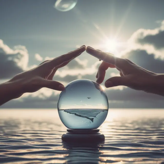 An image of the Qatar Investment Authority sailing towards a distant horizon with a crystal ball guiding its way and two hands reaching out for partnerships