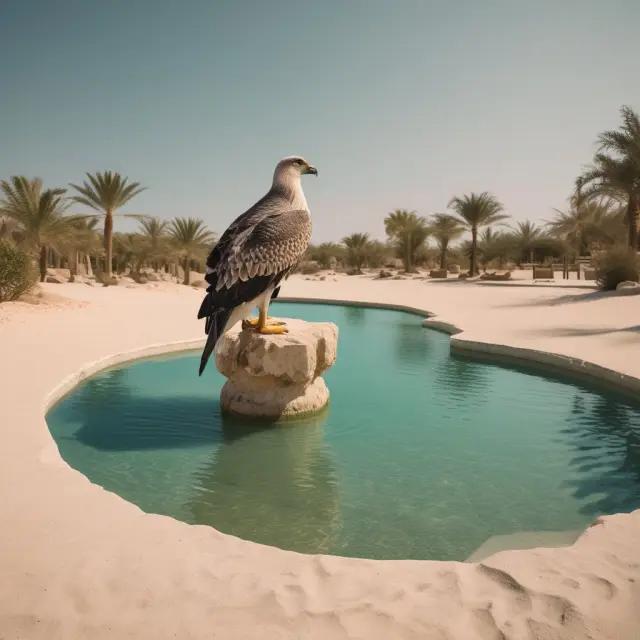 A wise falcon perches beside an oasis, representing the Qatar Investment Authority protecting and managing the country