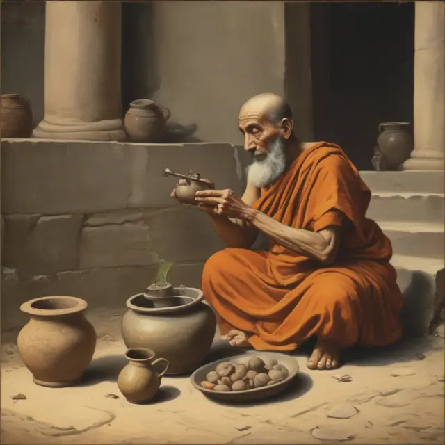 An ancient Indian monk creating a potion (QIP elixir) with domestic resources, symbolizing the origin and evolution of Qualified Institutional Placements in India.