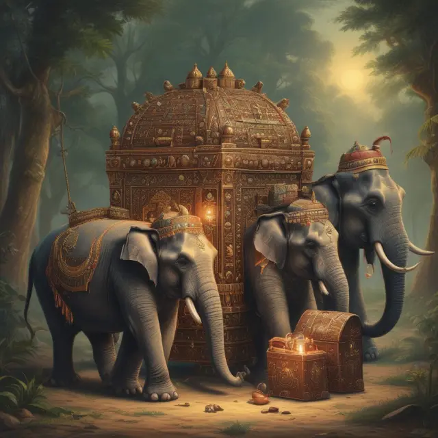 Indian elephants gathered around a glowing treasure chest, symbolizing successful QIPs and investor demand