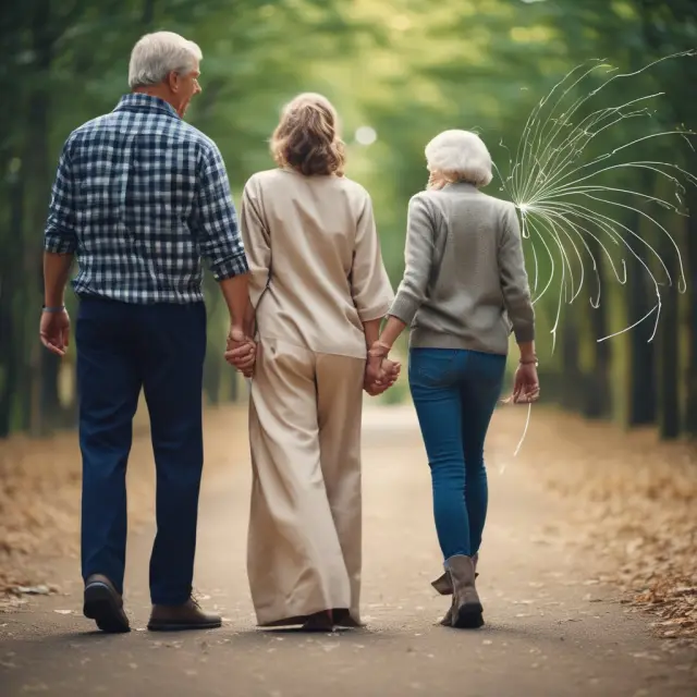 A married couple holding hands as two converging streams of income from a QJSA form a single, interconnected annuity representing survivor benefits