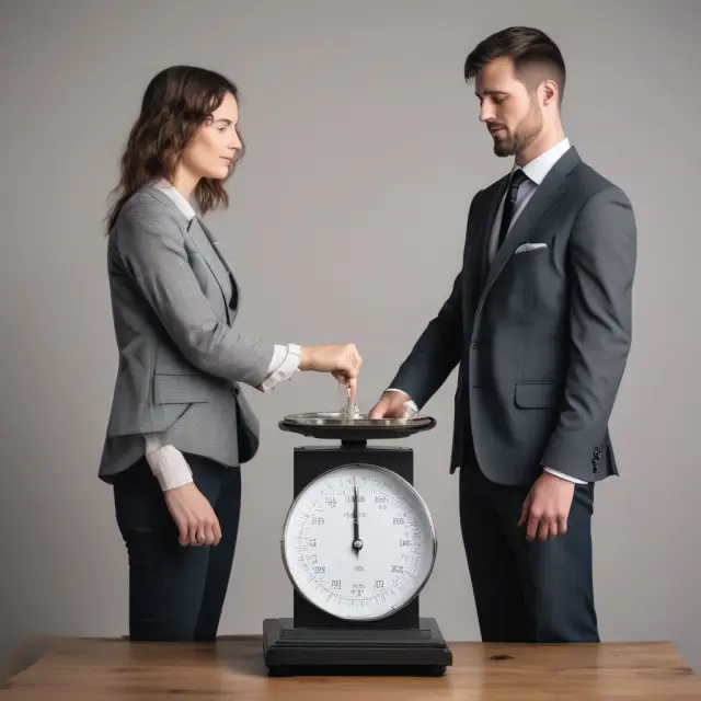 An elderly married couple contemplating their retirement income choices: a qualified joint survivor annuity (QJSA) or other investment options on a balanced scale.