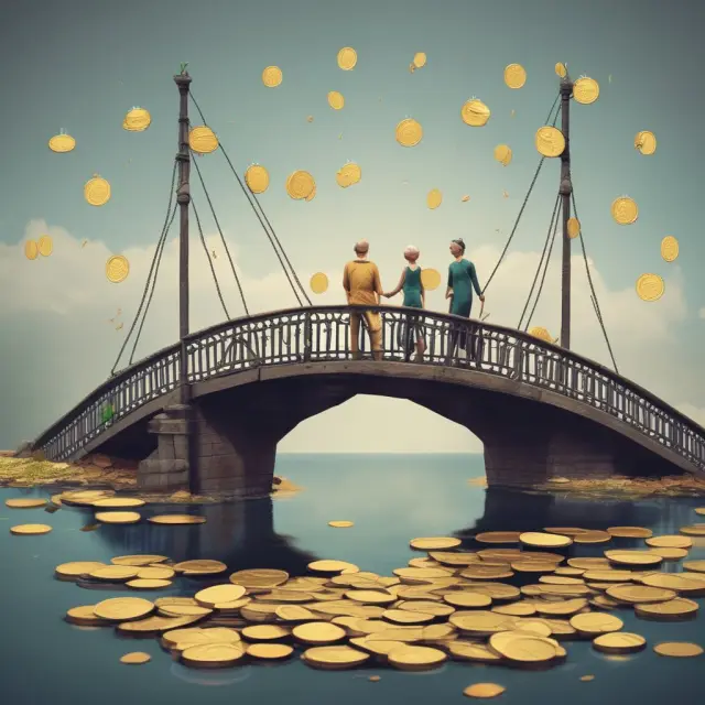 Golden bridge with a retiree and survivor figure crossing over QJSAs representing lifelong income and survivorship benefits.
