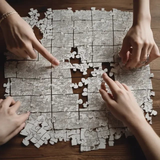 A couple disassembling a complex QJSA jigsaw puzzle, representing the process of updating beneficiaries during divorce