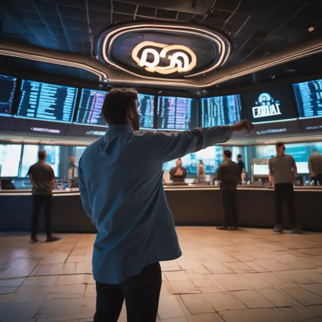 An investor evaluating their QQQ ETF holdings while standing on a bustling trading floor, with the Nasdaq index displaying real-time market data