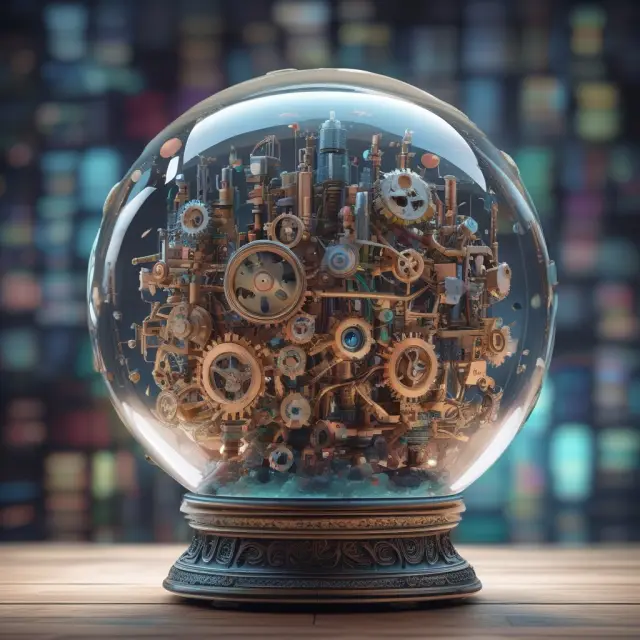 Crystal ball revealing tech gears symbolizing future predictions for QQQ