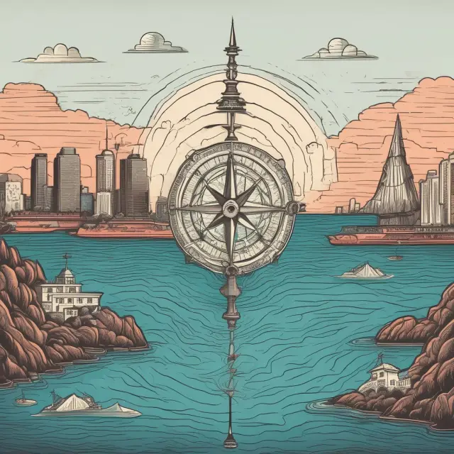 A compass with a Q ratio dial, sailing on an ocean of stocks, indicating under- (low) or overvalued (high) investments
