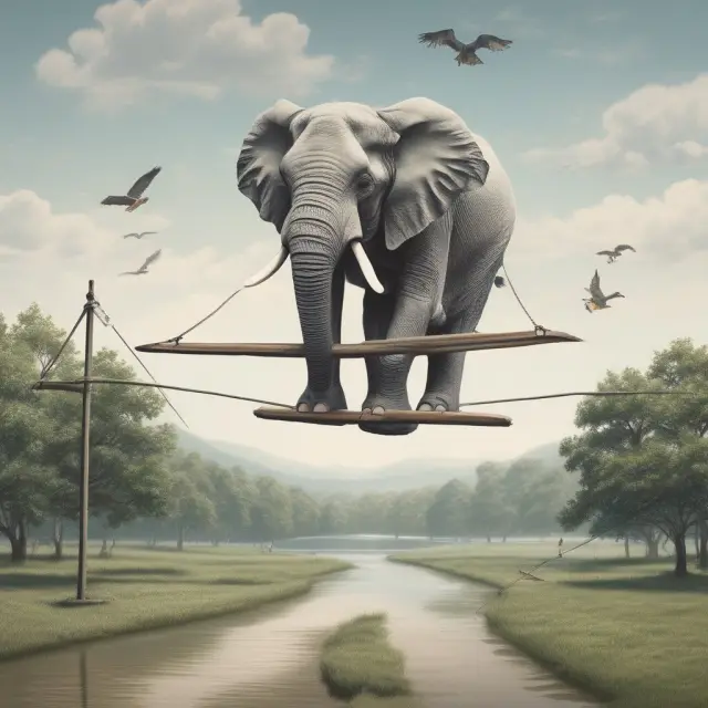 An elephant representing federally insured pensions and an eagle symbolizing non-insured defined contribution plans on a seesaw, showcasing differing levels of federal insurance coverage.