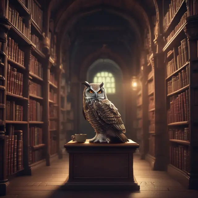 A wise owl guards an ancient library filled with books symbolizing retirement plans, as questions about their benefits, eligibility, and tax implications peek out