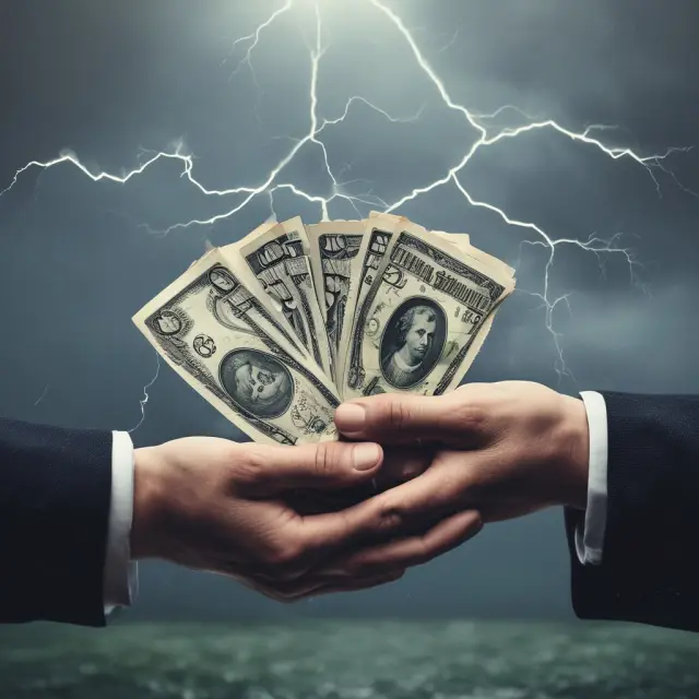 Two hands exchange currencies during a storm, representing the advantages and disadvantages of interest rate swaps in finance