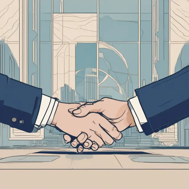 Stylized hands representing Firm A and Firm B shaking on a virtual trading floor, illustrating the partnership of a successful Qualified Special Representative Agreement