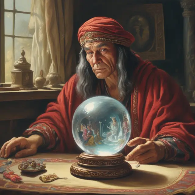 An ancient fortune teller examining QTD reports in a crystal ball, symbolizing financial insights and informed decision-making