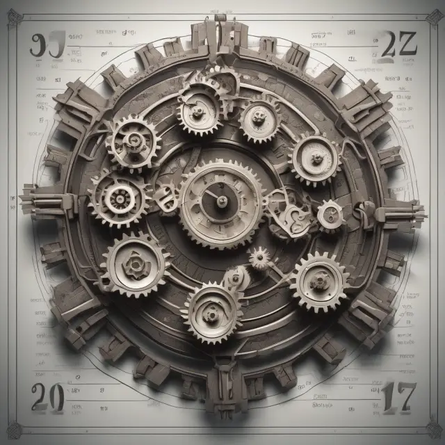 Quarter-to-date analysis depicted as interconnected gears on a calendar, representing the evaluation of progress towards financial targets within each quarter