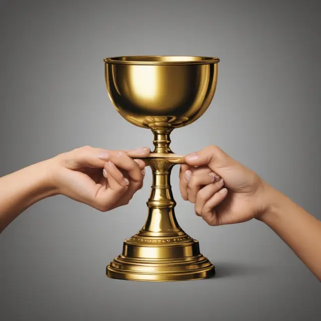 Golden chalice balancing between two hands: one labeled 