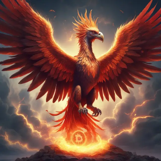 Phoenix emerging from a merging Bitcoin and Ethereum symbols, symbolizing Qtum