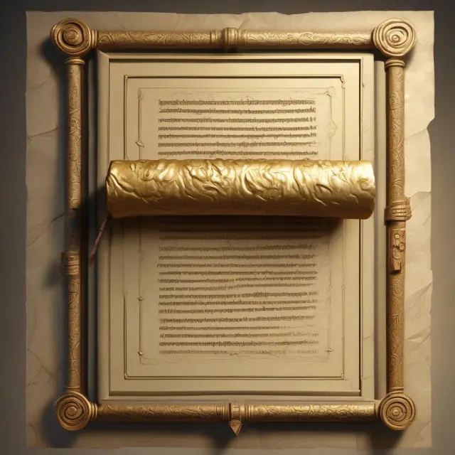Golden smart contract scroll on a table, symbolizing the synergy between self-executing code and security in Qtum