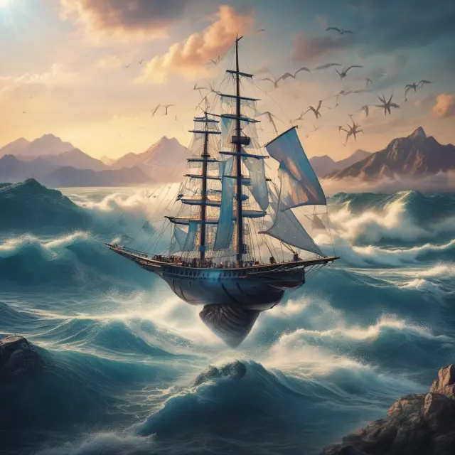 A revolutionary Qtum coin navigating industries, depicted as a sailboat transforming finance, social media, real estate, and healthcare sectors