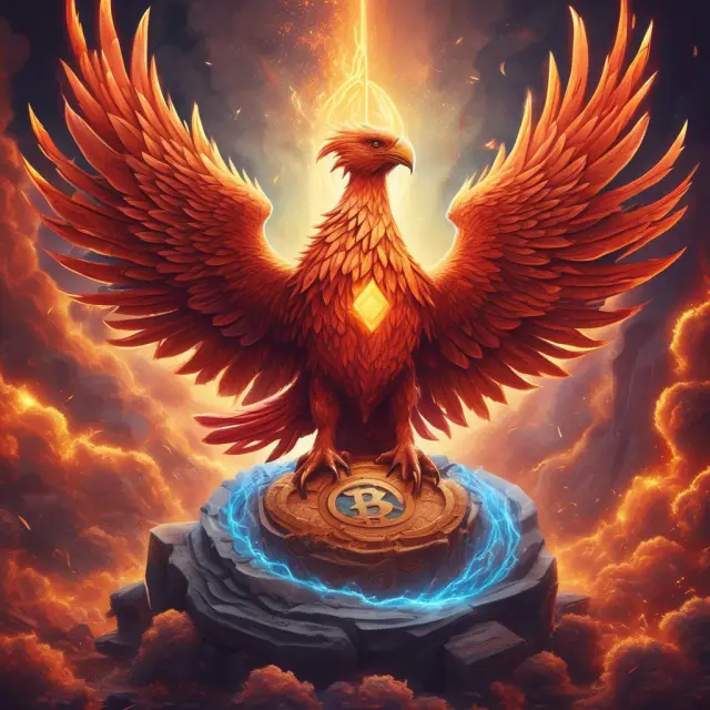Image of a mythical phoenix rising from the ashes of Bitcoin and Ethereum symbols, representing Qtum