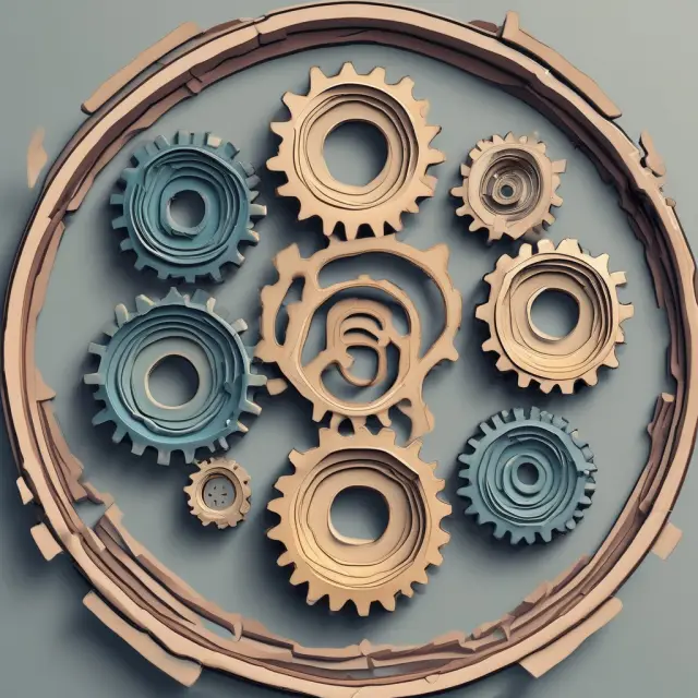 An intricate machine with seven interlinked gears symbolizing Quadrix