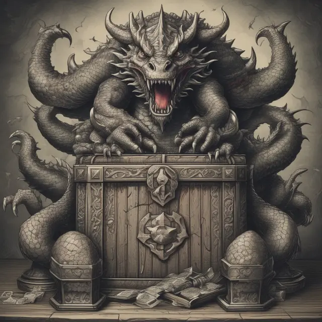 A seven-headed dragon guarding a treasure chest, symbolizing the seven major categories in Quadrix: momentum, quality, value, financial strength, earnings estimates, performance, and reversion.