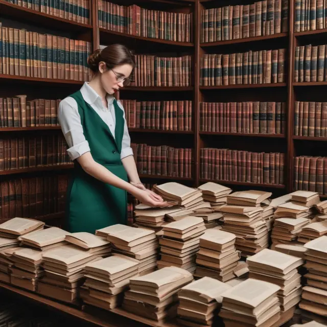 A librarian sorting Quadrix books into seven categories: Momentum, Quality, Value, Financial Strength, Forecasted Earnings, Performance, and Reversion