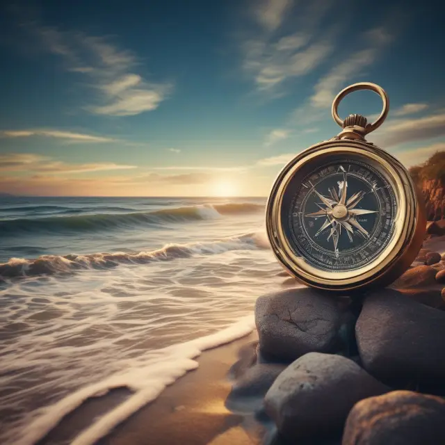 An illustration of a compass in the shape of the Quadrix logo, guiding a ship through stormy financial waters towards a calm harbor filled with stocks and charts