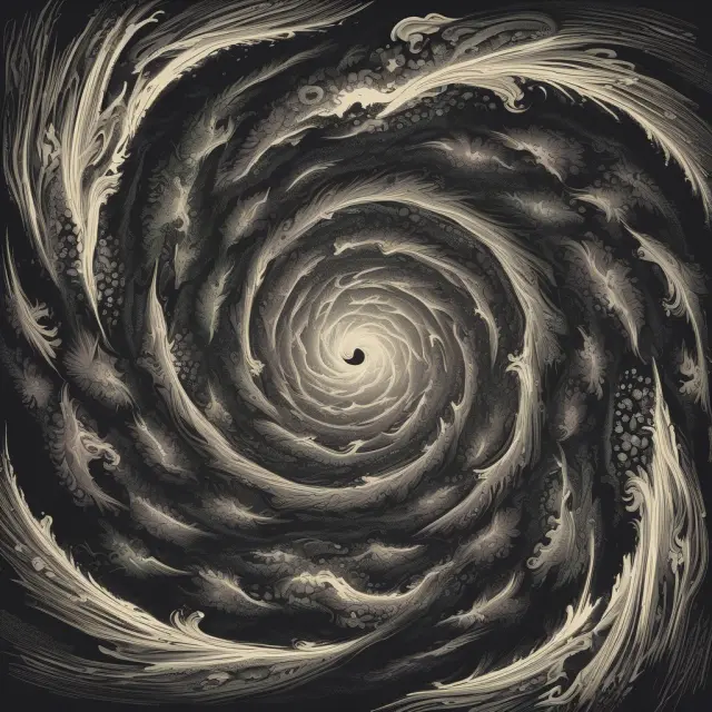 A swirling vortex with contracts of various shapes representing stock options, index options, index futures, and single-stock futures, illustrating quadruple witching