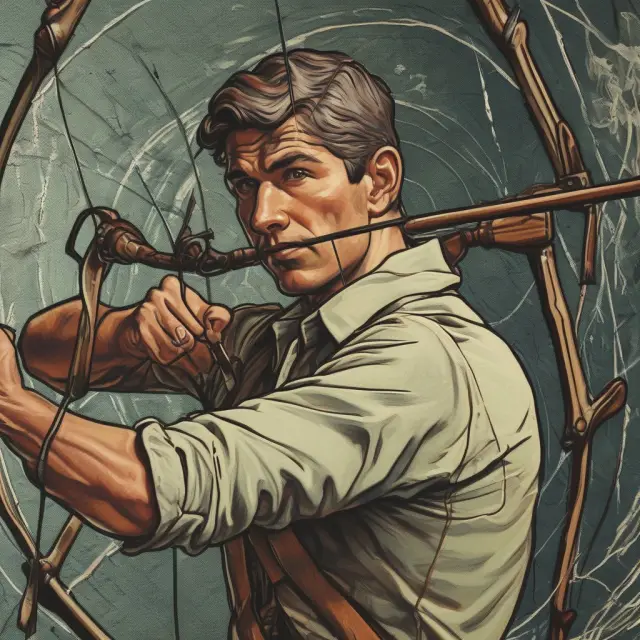An archer skillfully aims two bows towards diverging financial markets, symbolizing arbitrage opportunities during a quadruple witching event.
