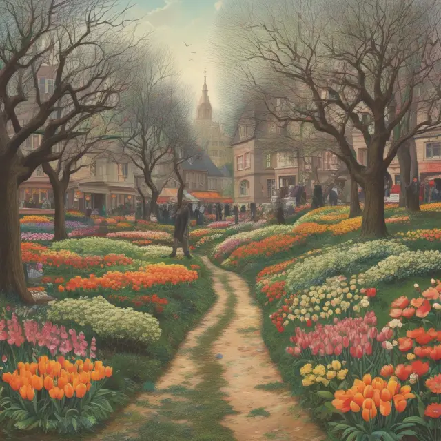 A vibrant garden representing markets with spring blooms symbolizing quadruple witching and simultaneous contract expirations