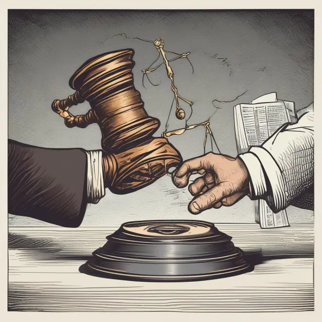 Fed gavel shaking hands with a company balance sheet amidst a bustling triple witching trading floor, illustrating the impact of interest rate decisions and earnings reports on the markets