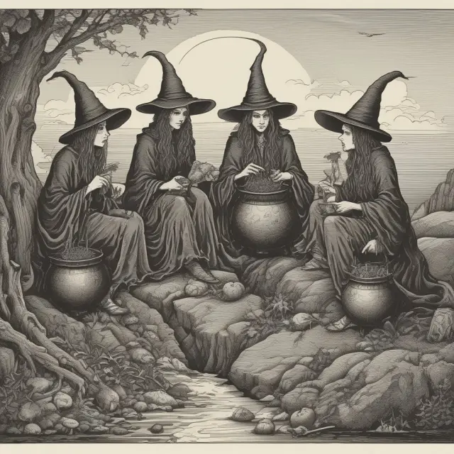 Four witches on a cliff, each brewing cauldrons representing index futures and options for the triple witching event