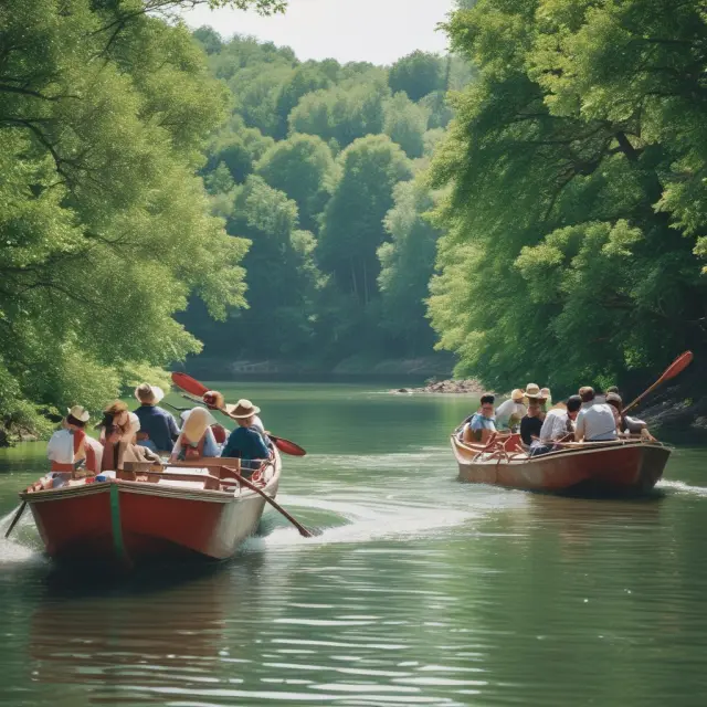 A tranquil riverbank scene with fixed annuities represented as sturdy boats and variable annuities depicted as rafts navigating market fluctuations