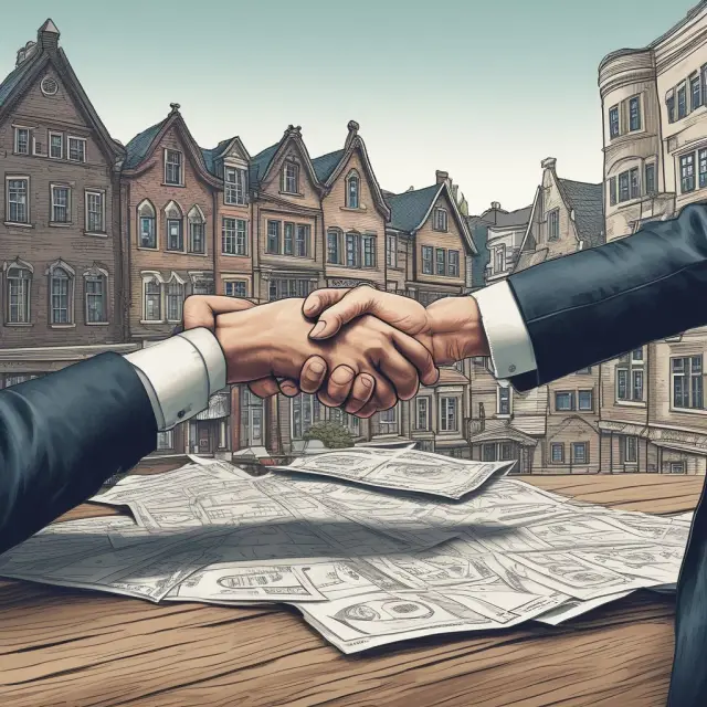 Appraiser comparing the value of real property with publicly traded securities in a bustling marketplace