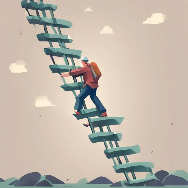 An employee ascending a ladder, symbolizing retirement savings growth, with automatic contributions represented as rungs and employer matching as stepping stones