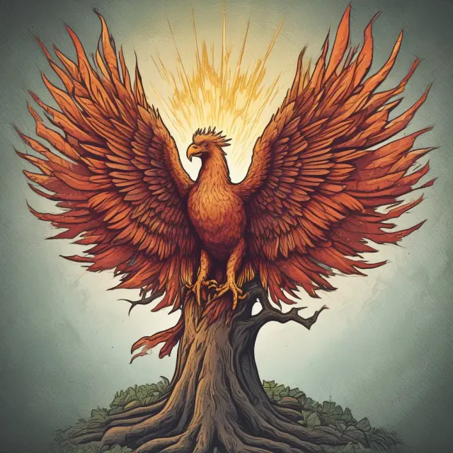Phoenix protectively holding a tree labeled 