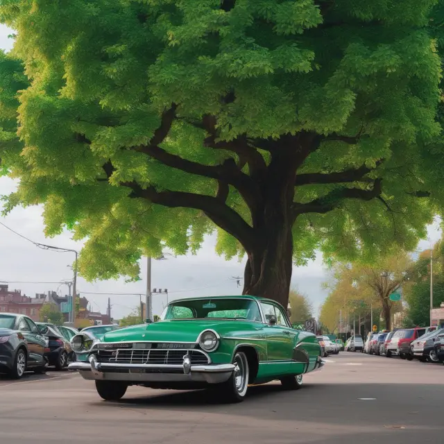Green tree with electric leaves symbolizing QEVs amidst gasoline vehicles, representing energy efficiency and cost savings