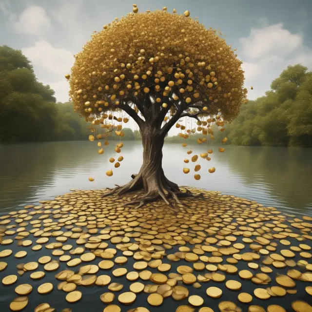 Golden apple tree with labels for manufacturers, credits falling as golden coins into a lake