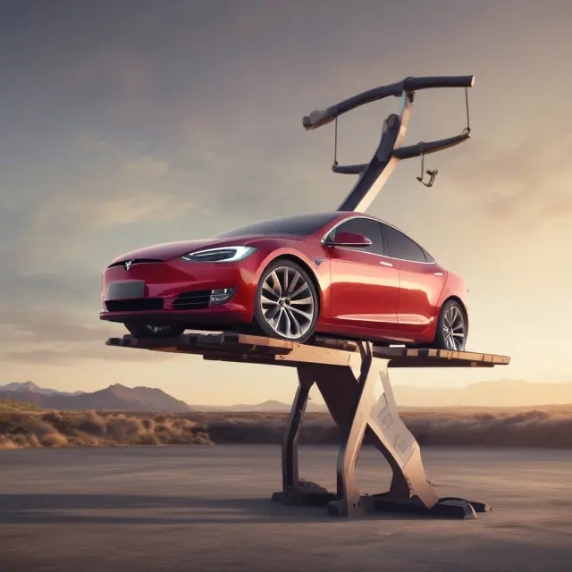 A seesaw illustrating the phase-out of the electric vehicle tax credit for Tesla, with General Motors approaching. Tesla