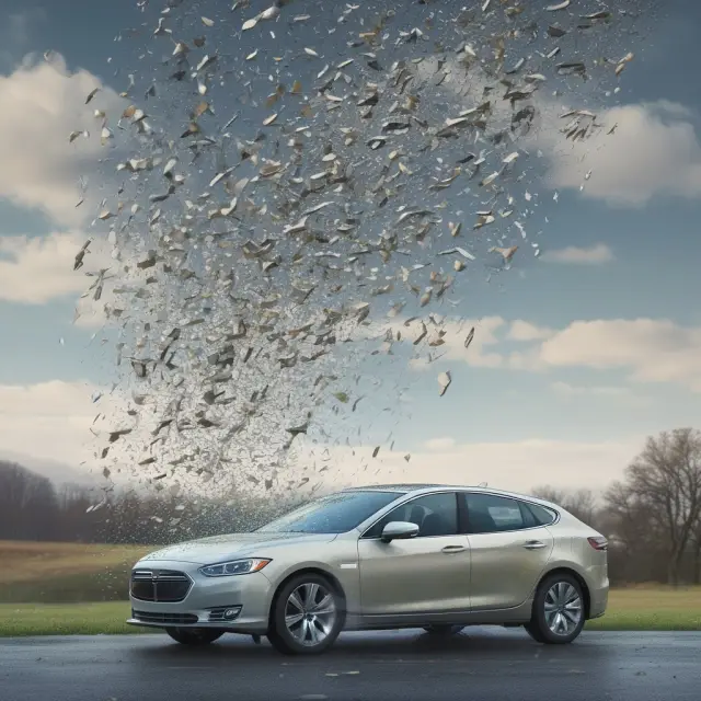 An imaginative representation of various tax credit components for electric vehicles falling onto a car