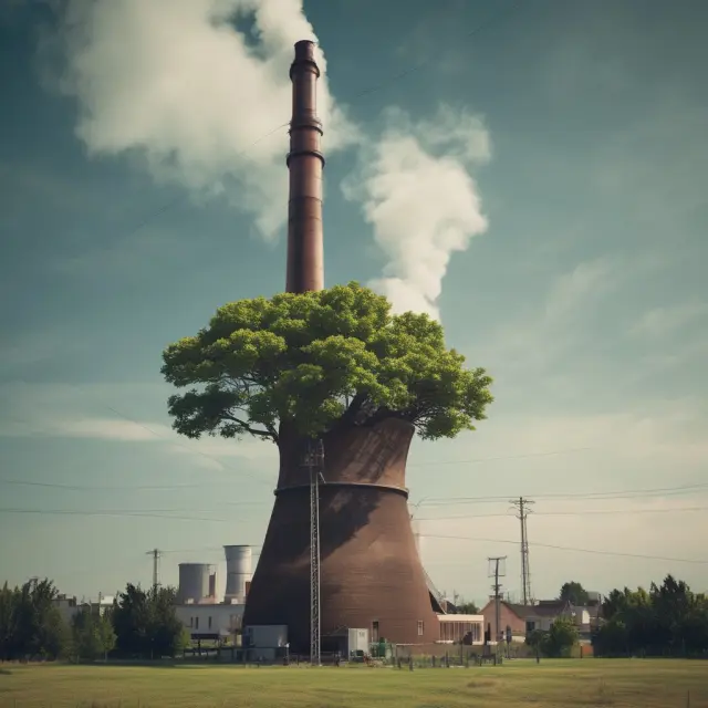 A stylized image of an electric tree sprouting from a smokestack, illustrating the environmental benefits of transitioning to electric vehicles