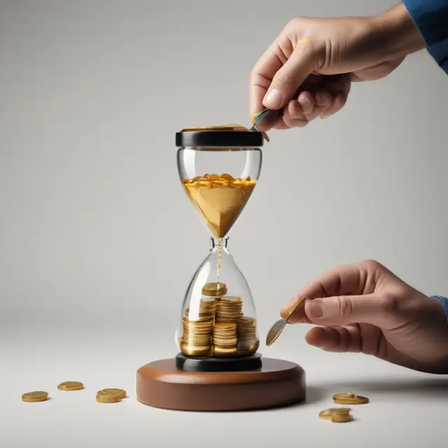 A golden pension pot pours coins into an hourglass representing a Qualified Longevity Annuity Contract (QLAC), securing retirement income.