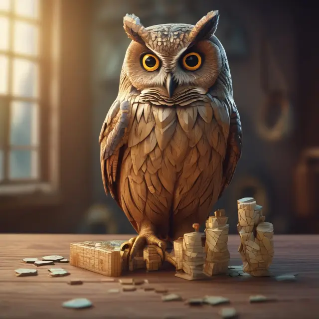 A retiree ponders a jigsaw puzzle representing retirement income strategies. He holds a golden annuity while consulting with a wise owl.