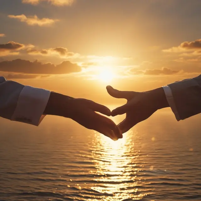 Golden sun setting over a tranquil retirement landscape - two hands signing a QLAC contract for guaranteed income and tax benefits