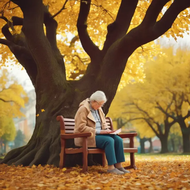 An elderly retiree waits as her QLAC investment blooms into a golden-leafed tree, symbolizing guaranteed income and tax deferral benefits.