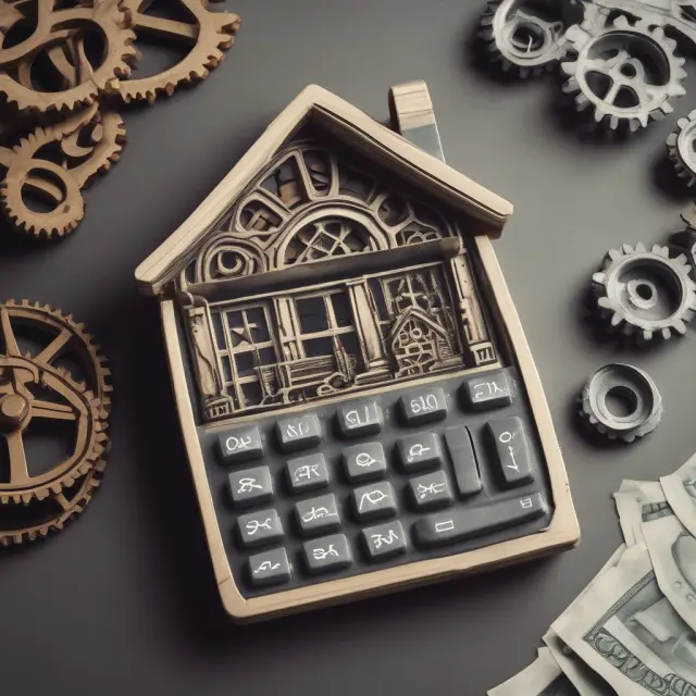 Image of a calculator in action, with gears revealing a house symbolizing property transfer, and an hourglass representing the retained interest period