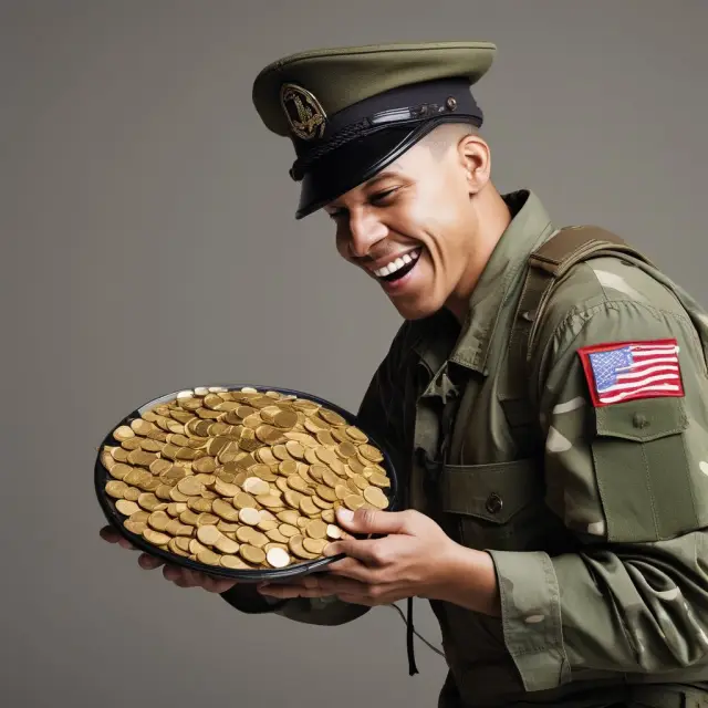 A soldier protecting his family as a golden stream pours into their shield, representing financial support during military service