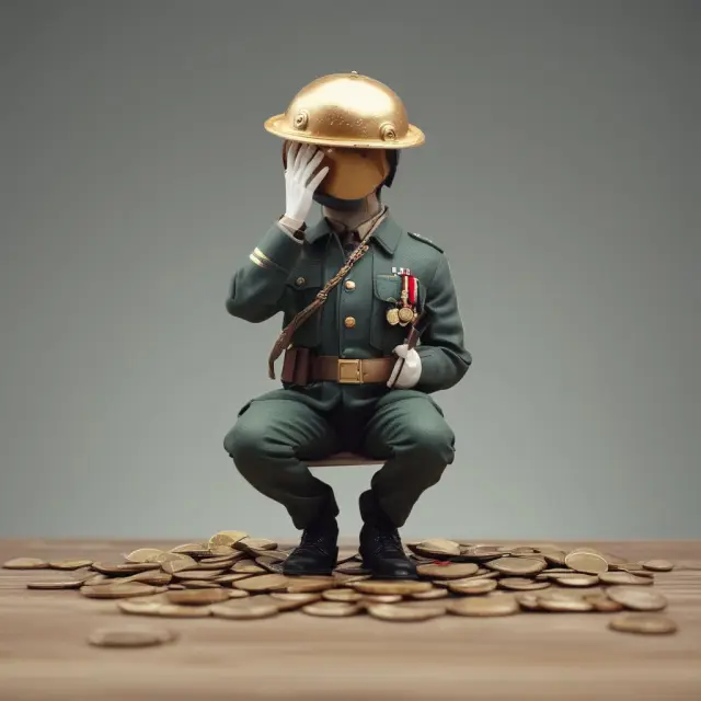 A soldier holding a helmet with two golden coins. One coin falls away, representing lost retirement savings during military service.